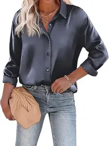 CB-COLEBROOK Women's Blouse Satin Silk Stylish Shirts Button Down Solid Shirts Casual Loose Long Sleeve Office Work Tunic Western Tops