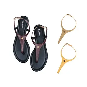 Cameleo -changes with You! Women's Plural T-Strap Slingback Flat Sandals | 3-in-1 Interchangeable Strap Set | Brown-Leather-Olive-Green-Yellow