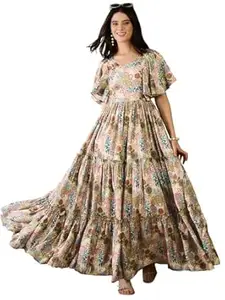 Naixa Women's Rayon Printed Flared Dress - Elegant Round Neck Half Sleeve for Casual and Festive Occasions for Women (NX-WD35)