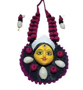 Handcrafted Durga Devi Traditional Necklace, Pink and Black Fabric with Pearl Beads, Religious Jewellery