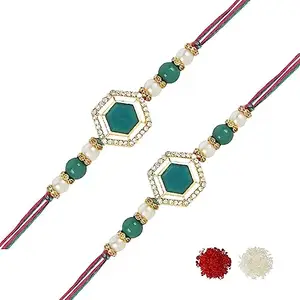 I Jewels Pearl & Kundan Designer Bhaiya Rakhi With Roli Chawal for Brother/Bro/Men with Rakshabandhan Card (R113G-2) (Pack of 2)