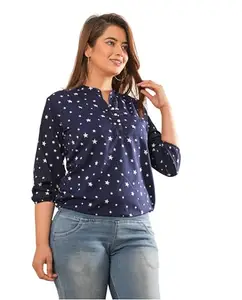 Women's Crepe 3/4 Sleeves Mandarin Collar Button Down Regular Fit Star Printed Top (Blue-XL)
