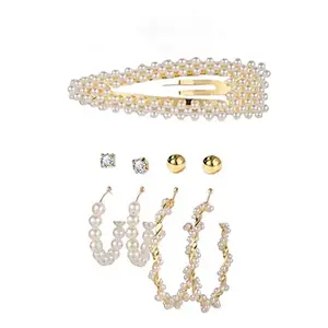 Jewels Galaxy Unisex-Adult Trending Set of 4 Stud & Hoop Earrings With a Pearl Clature (JG-PC-ERG-181)