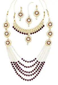 ARB TRENDZ Womens Metal Necklace, Earring & Maang Tikka Set | White::Maroon, Medium | ARB 40