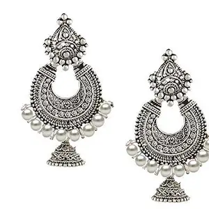 TAZS - TRENDY AMAZING ZEAL STORE Silver Oxidized Tribal Wear Chand Bali for Women and Girls with White Beads