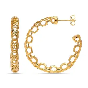LeCalla 925 Sterling Silver BIS Hallmarked 14K Gold Plated Openwork Filigree Round Shape C-Hoop Earrings for Women and Girls