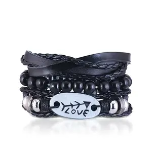 MEENAZ Bracelet for Men Black Leather Bracelet for boys Magnetic-Clasp Leather Mens Beads Bracelet Evil eye Bracelets for Men Stylish Combo Silver Stainless Steel Birthday Gift Anniversary Husband 712