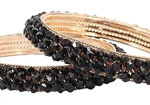 NMII Alloy Metal Stylish Fancy Pearls Bangles Bracelet Set For Women & Girls | Trending Metal Bangles | Women Bangles - Pack of 2 Bangle, (MAH44_10413-RG-Black-2.6 Inches), Pack Of 2 Bangles Set