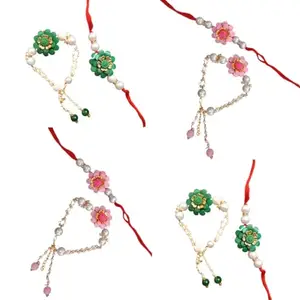 Sweksha Creations Flower Designer Bhaiya and Bhabhi pair Combo Rakhi With Adjustable Bracelet floral design Pair Rakhi(4 pair)(Green,Pink)