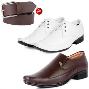 Attractive Trendy Formal Shoes/Party Shoes/ 2 Shoes Combo with Free Belt for Men and Boys (BAZAAR9190_VTR007-Bdr-Wht-2006-Bdr) Multicolor