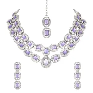 I Jewels Silver Plated Traditional Stone Choker Necklace Jewellery With Earring & Maang Tikka Set For Women And Girls (Silver Purple)