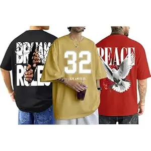 ENCIGER Men's Oversized Cotton T-Shirt Pack | Drop Shoulder Graphic Printed Casual Streetwear Combo | Baggy Hip-Hop Tshirts