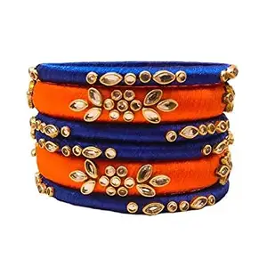 HABSA HABSA Hand Made Fancy Festival Silk Thread Fancy Festival Wear Kundan Stone Bangles Set of 6 Bangles Orange-Blue(size-2/2)