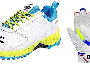 DSC Jaffa 22 Cricket Shoes for Men and Boys UK-10 White/Lime-Yellow & DSC Intense Attitude Leather Cricket Batting Gloves for Mens, Size - Mens, Right Hand