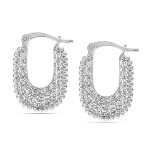 LeCalla 925 Sterling Silver Chunky Hoop Earring for Women | BIS Hallmarked Thick Beaded U-Shape Earring | Textured Click-Top Hoop Earrings 22MM