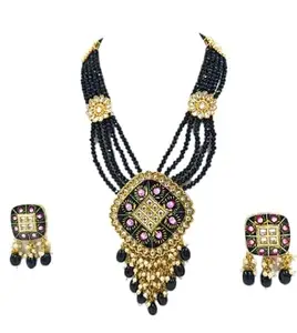 Abhiupa Black Crystal Meenakari Necklace Set with a pair of Square Shape Earrings for Women & Girls