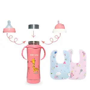 JOYFILLS 3 in 1 Baby Feeding Bottle With 2 Bibs| Stainless Steel Milk Bottle for baby| Water Bottle for School | Sipper Water Bottle for Kids | Stainless Steel 304| Multi-Functional Thermal Insulation | Nipple, Sipper & Straw| Spill Proof, BPA Free, Anti-Colic Nipple for Infants/Toddlers/Kids- 240 Ml. (Printed Pink With Bibs)