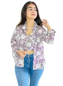 B G FASHION Floral Printed Regular Fit Shirt for Women, Stylish & Trendy Collared Shirt with Matching Bralette Top | Purple