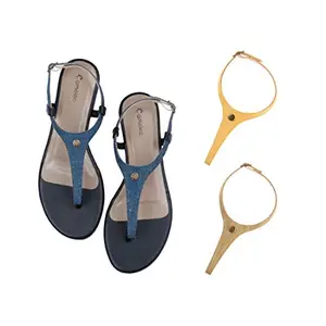 Cameleo -changes with You! Women's Plural T-Strap Slingback Flat Sandals | 3-in-1 Interchangeable Strap Set | Dark-Blue-Yellow-Light-Blue