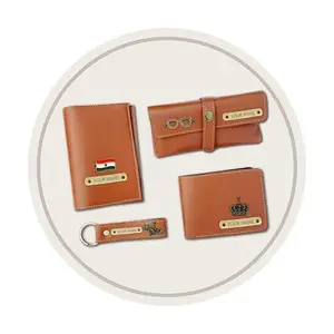 SAVRI Personalized Leather Men's Wallet, Keychain, Eyewear & Passport Cover Luggage Tag - Combo of 4 Set - Ideal Personalized Gift Set for Men - Stylish and Functional Accessories (Tan)