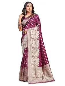BRAAFEE Women's Banarasi Silk Saree with Unstitched Blouse Piece, Traditional Zari Woven Jacquard
