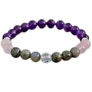 Lady Works Natural Amethyst, Labradorite & Rose Quartz 8mm Round Shape Smooth Cut Beads 7.5 Inch Stretchable Bracelet For Men & Women. Unisex Bracelet For Healing, Meditation & Luck|LW_BRST_00589_7.5