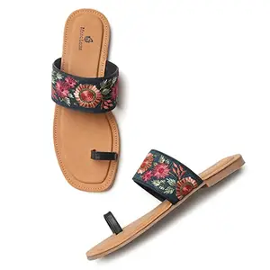 Marc Loire Women's Slip on Emboriederd Ethnic Flats for Regular Wear (Blue, Numeric_3)