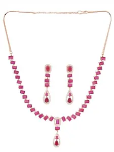 SARAF RS JEWELLERY Rose Rhodium Plated Ruby Pink AD Studded Minimal Necklace Jewellery Set