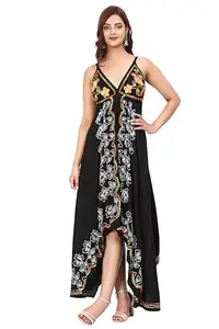 Majestic by Japnah Women's Fit and Flare Maxi Dress Solid with Embroidered Shoulder Strap V-Neck One Piece Dress for Women Latest Gown Summer Dresses (MBJDR000162_M_Black)