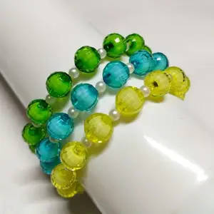 GINAA Spherical Beads Elastic Bracelets for Women, Set of 3, Green, Blue, Yellow