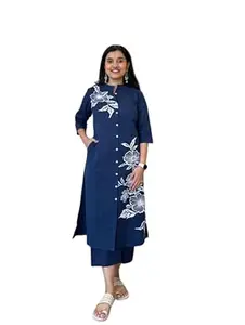 Honesst Ennterprise Women's Cotton Floral Printed Straight Kurti with Pant Set