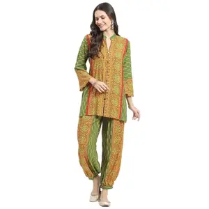 Kurti's by Menka Casual Summer Turtle Neck Georgette Print co-ord Set (Large) Green