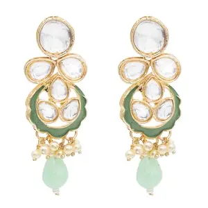 Shining Jewel - By Shivansh Shining Jewel Handcrafted Gold Plated Design Traditional Ethnic Kundan,CZ, Pearl Studded Light Green Meenakari Earrings for Women (SJE_46.D8_LG)