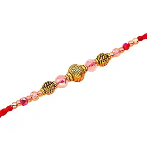 Floweraura Premium Handcrafted Dazzling Anitique Gold & Pink Crystal Beaded Rakhi With Roli Packet For Raksha Bandhan - Rakhi For Brother, Bhai, Kids, Bhaiya, Cousins & Raksha Bandhan Gift