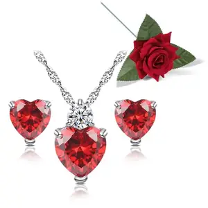 Peora Heart Shaped Red Crystal Studded Rhodium Plated Pendant Necklace Earrings Set Valentine's Day Gift for Women & Girls with Red Rose
