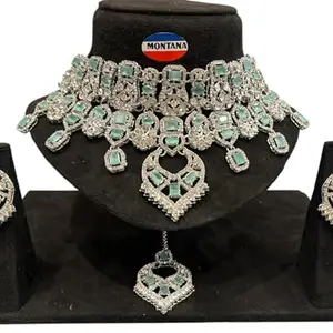 SE Collections Montana Rhodium Plated Crystal Choker Necklace Set with Mint Green Stones, Traditional Indian Wedding Jewellery