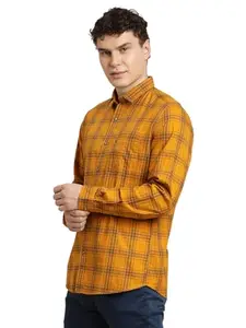Turtle Men Slim Fit Checkered Pure Cotton Yellow Casual Shirt