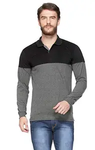 V3Squared Men's Cotton Blend Full Sleeve Regular Polo Neck T-Shirt for Men Plo_GB_XXL, Grey Black, XX-Large