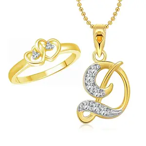 Vighnaharta valentine day gift valentineday gift for her gift for him gift for women gift for men Valentine gift Dual Heart Ring with Initial ''D'' Letter Pendant Gold and Rhodium Plated Jewellery Combo Set