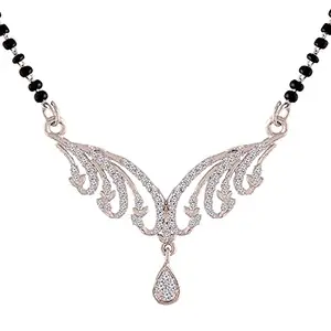 I Jewels 18k Rhodium Plated Traditional Single Line American Diamond Pendant with Black Bead Chain Mangalsutra for Women (D077)