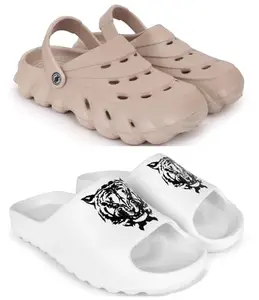 Pampy Angel Combo Pack of 2 Slipper/Flip Flops/Slides/Clogs/Sandals for Men,(Cl-1400-Brown,Y-Tyger-White),7 (UK/India)