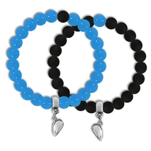 De-Autocare Magnetic I Love You Valentines Day Distance Broken Heart Shape Love Couples 2 in 1 Duo Wrist Band Cuff Elastic Field Therapy 8mm Plain Black Matty & Blue Beads Stone Moti Bracelets