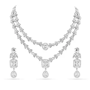 Rubans Rhodium-Plated White Cubic Zirconia Studded Luxe Double-Layer Necklace Set