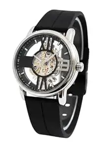 Tranding Skeleton Mechanical Style Look Watch, Silver Case with Black Silicone Strap, Quartz Movement, Transparent Dial Top and Bottem for Boys and Man for Gift and Casual Wear.