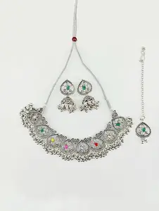 RAMIDOM | Oxidised Silver Necklace Set With Maangtika for Women And Girls | Oxidised Silver Full Set With Necklace, Earrings And Maangtika for Girls & Women