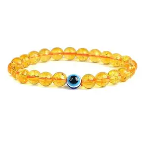 Profounnd GEMS Natural Citrine Bracelet Evil Eye Bracelet Crystal Stone 8mm Round Bead Bracelet for Men and Women