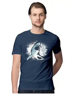 ALLEN BLACK Men's Regular Fit T-Shirt Great White Shark in Action 100% Cotton T-Shirt Navy Blue_GRWHSHRQ-Navy Blue L Men Round_