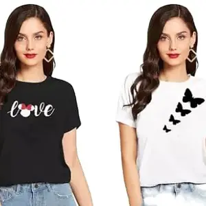 ELEVAJET Women's Stylish Trendy Love and Butterfly Printed 100% Cotton T-Shirt Combos for Women & Girls (Pack of 2) Multicolor Colored (UG-028-L)