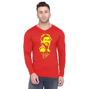 Fashions Love Men Cotton Full Sleeve V Neck Stylish Mens Casual Wear Work Dhoni Sign 07 Cricket Creative Graphics Printed Printed T Shirt FSVN-3668-S Red