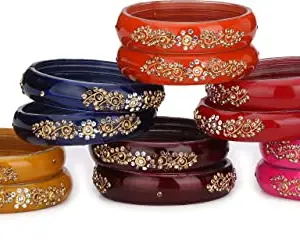 Somil's Stylish Glass Bangles/Kada Collection - Perfect for Festivals, Work, and Parties. Traditional yet Modern Designer Pieces for Women and Girls. Pack of 12 in Radiant Red, Pink, Orange, Blue, Mehroon, Haldi & Yellow Shade